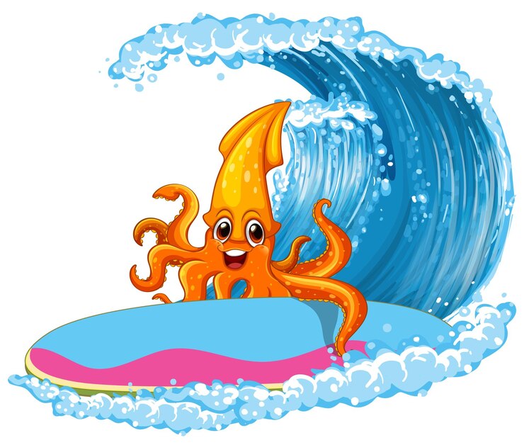 Vetor grátis lula na prancha de surf com onda do mar