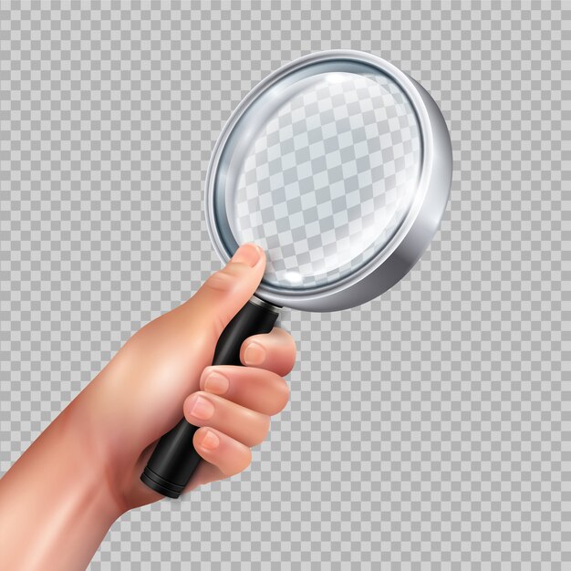 Lupa clássica redonda armação de metal na mão humana contra imagem transparente closeup realista