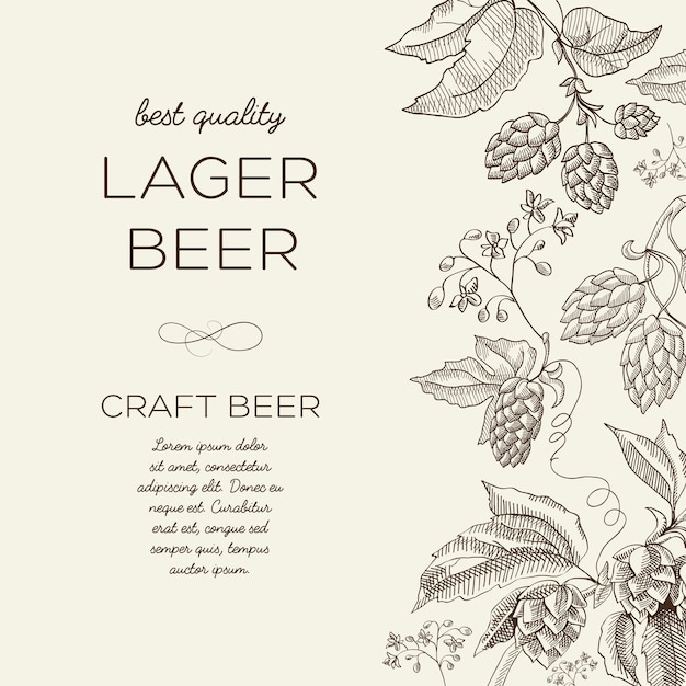 Vetor grátis luz abstrata floral com texto e ramos de lúpulo à base de ervas de cerveja em estilo desenhado à mão