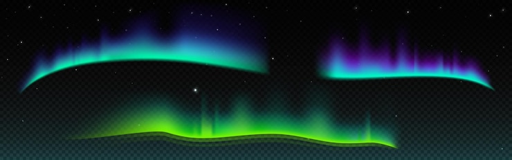 Vetor grátis luzes do norte com efeito de brilho de néon em fundo transparente escuro estreias luminosas coloridas da aurora boreal no céu estrelado da noite polar conjunto vetorial realista de fenômenos visuais árticos