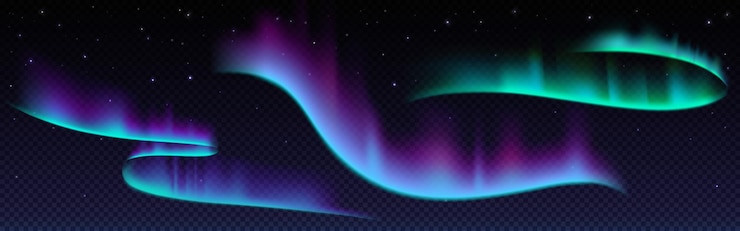 Vetor grátis luzes do norte com efeito de brilho de néon em fundo transparente escuro estreias luminosas coloridas da aurora boreal no céu estrelado da noite polar conjunto vetorial realista de fenômenos visuais árticos
