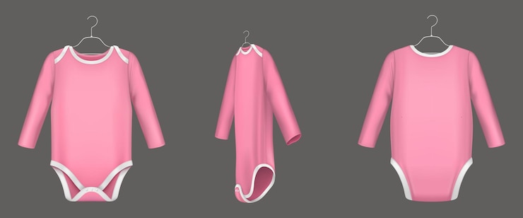 Vetor grátis macacão infantil rosa com mangas compridas frente, costas e vista lateral.