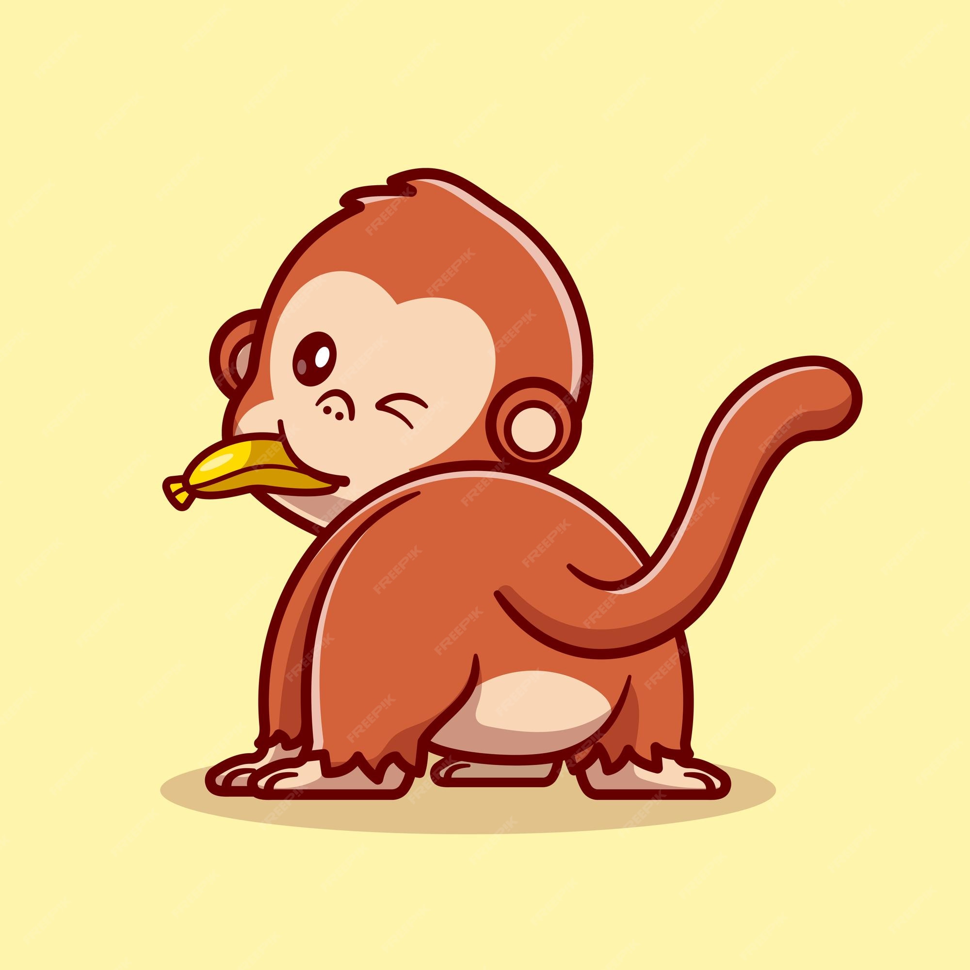 Macaco bonito dos desenhos animados comendo banana