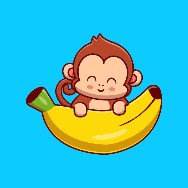 Macaco bonito segurando banana cartoon ícone ilustração vetorial. conceito de ícone de alimento animal isolado vetor premium. estilo flat cartoon