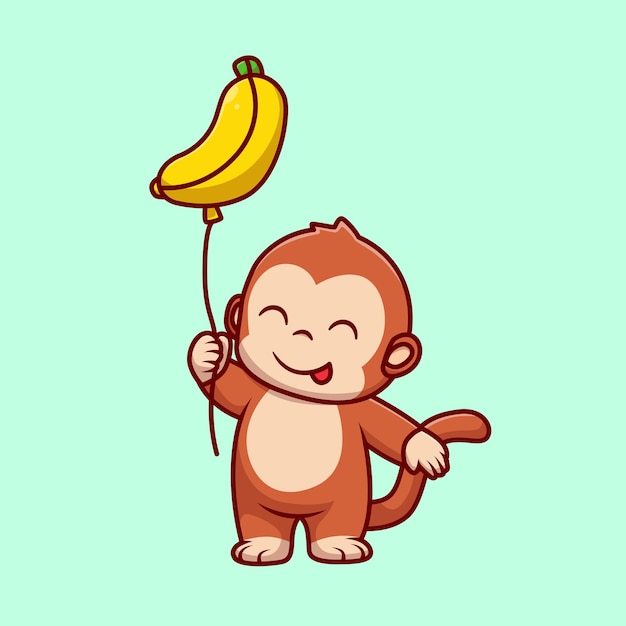 Macaco bonito segurando ilustração de ícone de desenho vetorial de balão de banana. ícone de férias animal isolado