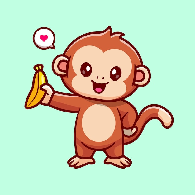 Macaco bonito segurando ilustração de ícone de desenho vetorial de banana. conceito de ícone de comida animal plano isolado