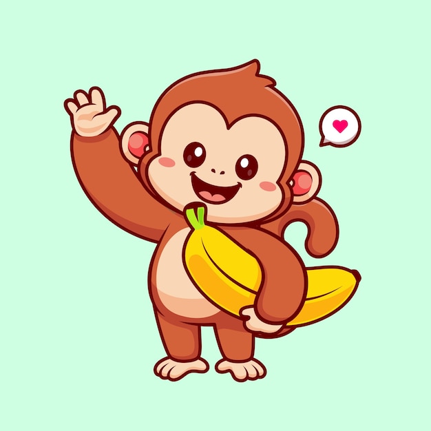 Macaco bonito segurando ilustração de ícone de desenho vetorial de banana. conceito de ícone de comida animal plano isolado