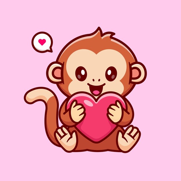 Macaco bonito segurando ilustração de ícone de vetor de desenhos animados de coração de amor. Conceito de ícone de natureza animal isolado