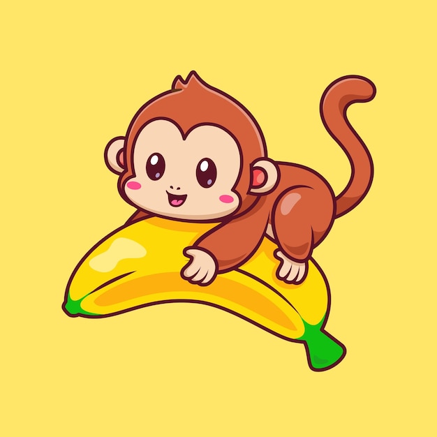 Macaco bonito voando com ilustração de ícone de desenho vetorial de banana. ícone de educação animal isolado plano