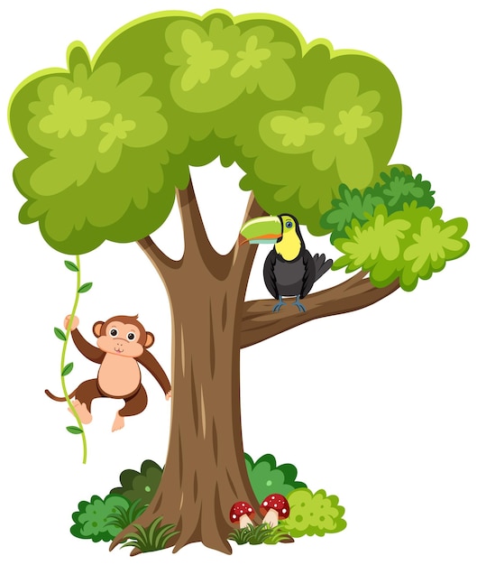 Macaco e pássaro tucano em uma árvore