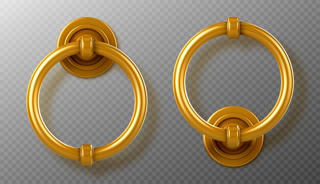Maçanetas de ouro realistas, maçanetas de anel de ouro, maçaneta de metal vintage brilhante, elemento para design de interior ou exterior isolado, ilustração em vetor 3D, ícone, clipart