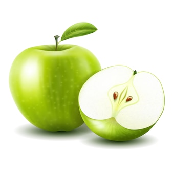 Maçãs. maçã inteira e metade da maçã isolada no fundo branco