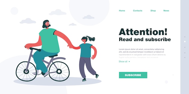 Vetor grátis mãe de bicicleta e filha de patins no parque. mulher andando de bicicleta enquanto segura a mão da ilustração vetorial plana de menina. família, conceito de atividade ao ar livre para banner, design de site ou página de destino