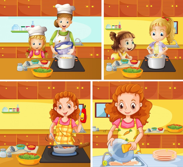 Vetor grátis mãe e filha cozinhar e limpar