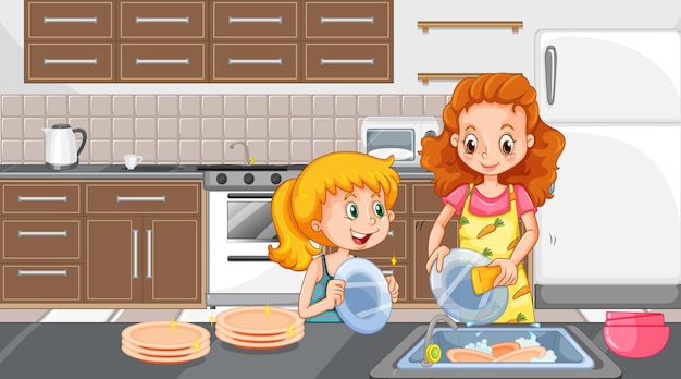 Mãe e filha lavando pratos na cena da cozinha