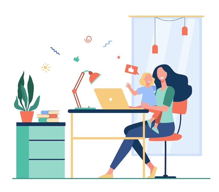 Vetor grátis mãe feliz combinando trabalho freelance e maternidade. mulher sentada no local de trabalho em casa e segurando a criança nos braços. ilustração em vetor plana para freelancer, mãe, família e conceito de carreira