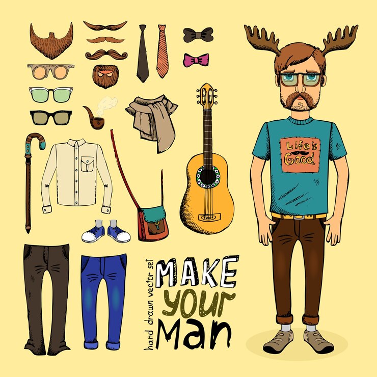 Vetor grátis make hipster set com calças, camisa, guitarra e lenço