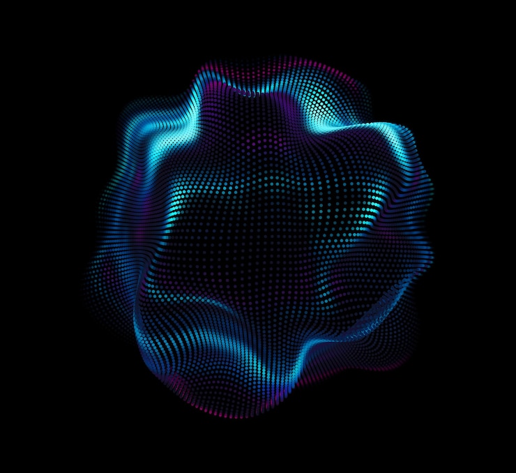 Vetor grátis malha colorida de vetor abstrato em fundo escuro. cartão de estilo futurista. fundo elegante para apresentações de negócios. esfera de ponto corrompida. estética do caos