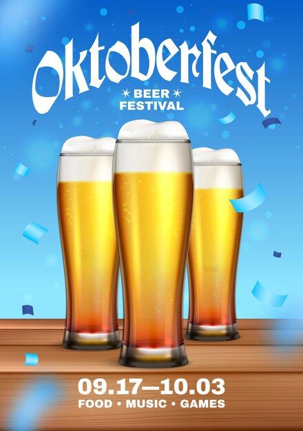 Manchete do festival de cerveja de pôster colorido da oktoberfest e três copos de cerveja na ilustração vetorial de mesa de madeira