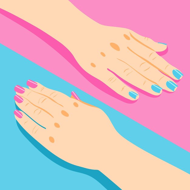 Manicure isométrica com mãos femininas com unhas rosa e azuis 3d isoladas