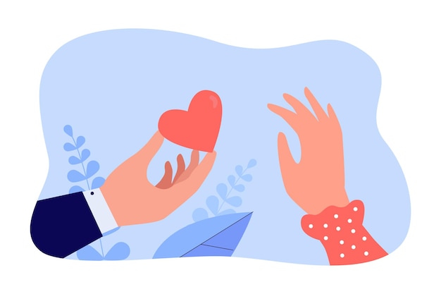 Vetor grátis mans mão dando presente de coração para mulher. rejeição da garota na ilustração em vetor plana data. erro e fim do amor, doença de amor, conceito de separação para banner, design de site ou página da web de destino