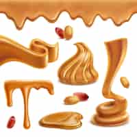 Vetor grátis manteiga de amendoim espalhar colar engraçado espiral figuras poças derretidas borda horizontal assado nozes conjunto realista