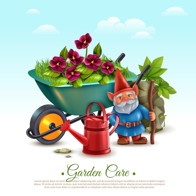 Manutenção colorida do jardim estilo clássico vintage composição colorida com carrinho de mão plantas regador e gnomo