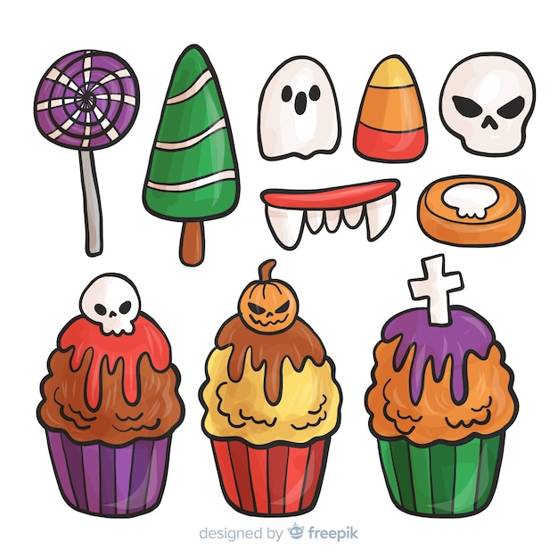 Mão colorida desenhada coleção de doces de halloween