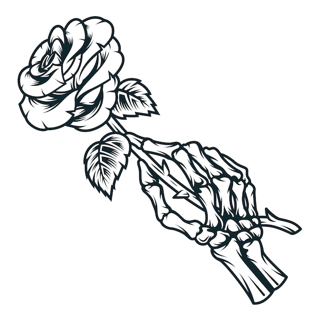 Mão de esqueleto segurando uma flor de rosa