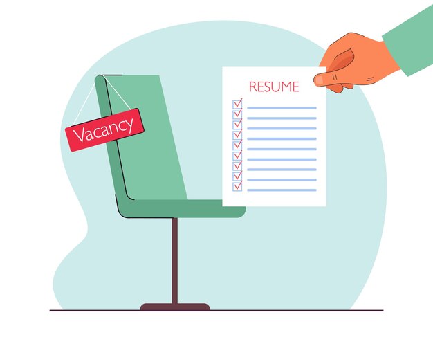 Mão de recruta segurando currículo para trabalho de gerente. Pesquisa de vaga por pessoa com ilustração vetorial plana de documento CV. Carreira, conceito de recrutamento para banner, design de site ou página de destino