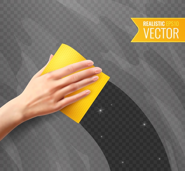 Vetor grátis mão de uma mulher limpando o vidro sujo com guardanapo amarelo transparente em estilo realista