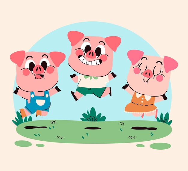Vetor grátis mão desenhada a ilustração de três porquinhos