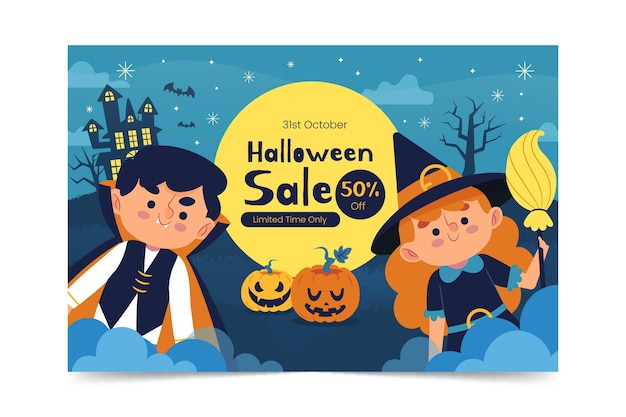 Mão desenhada banner horizontal de venda plana de halloween