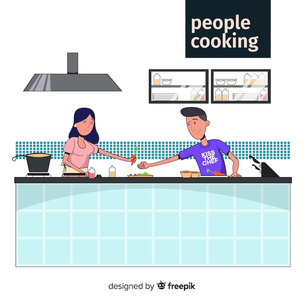 Vetor grátis mão desenhada casal cozinhar plano de fundo
