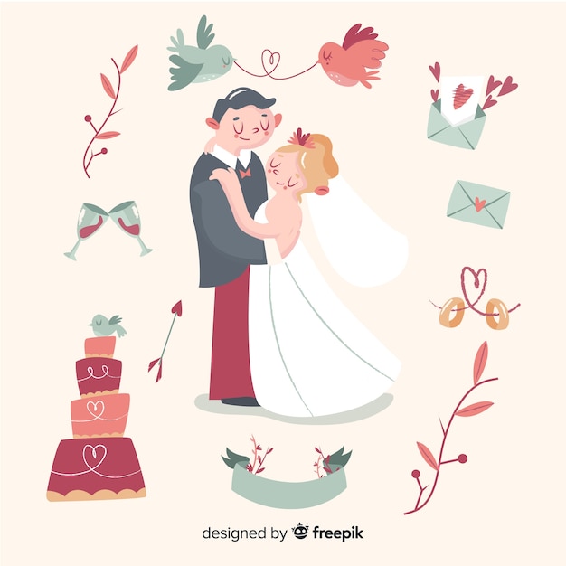 Vetor grátis mão desenhada casal de noivos com ornamentos