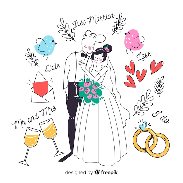 Vetor grátis mão desenhada casal de noivos com ornamentos