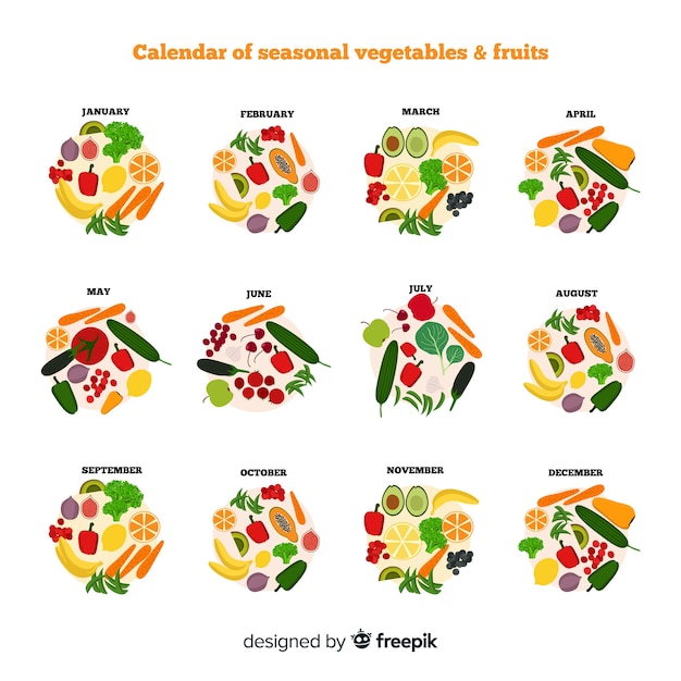 Vetor grátis mão desenhada círculos legumes sazonais e frutas calendário