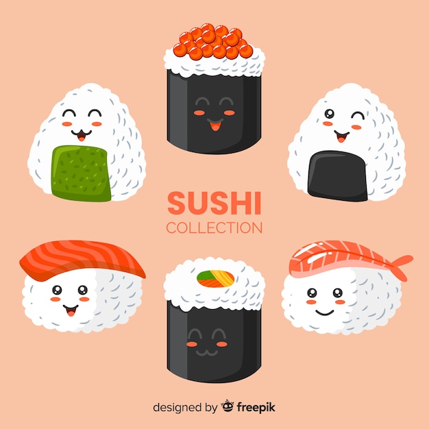 Vetor grátis mão desenhada coleção adorável sushi