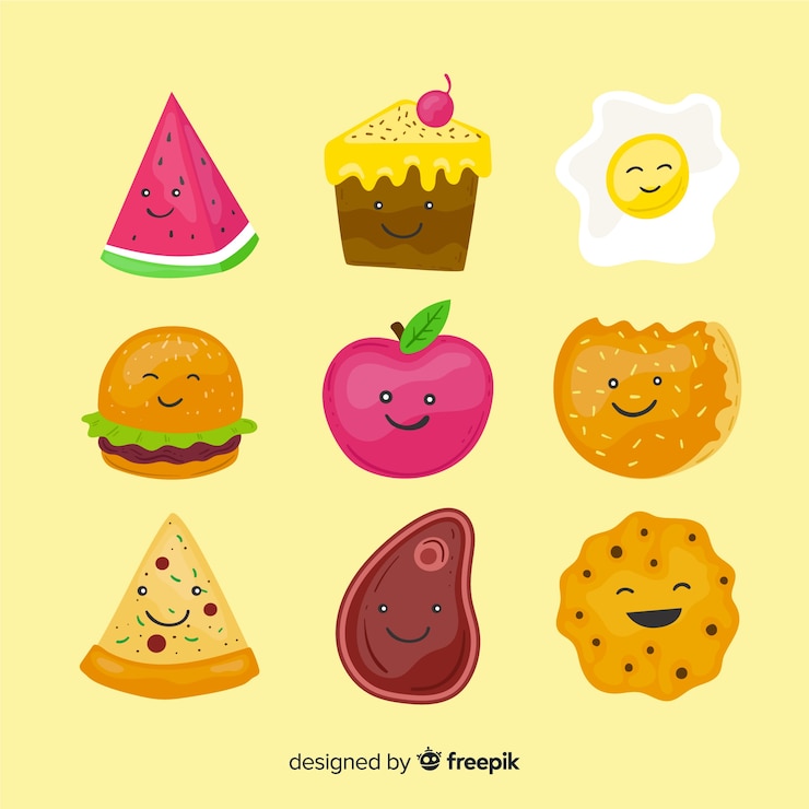 Vetor grátis mão desenhada coleção de comida kawaii