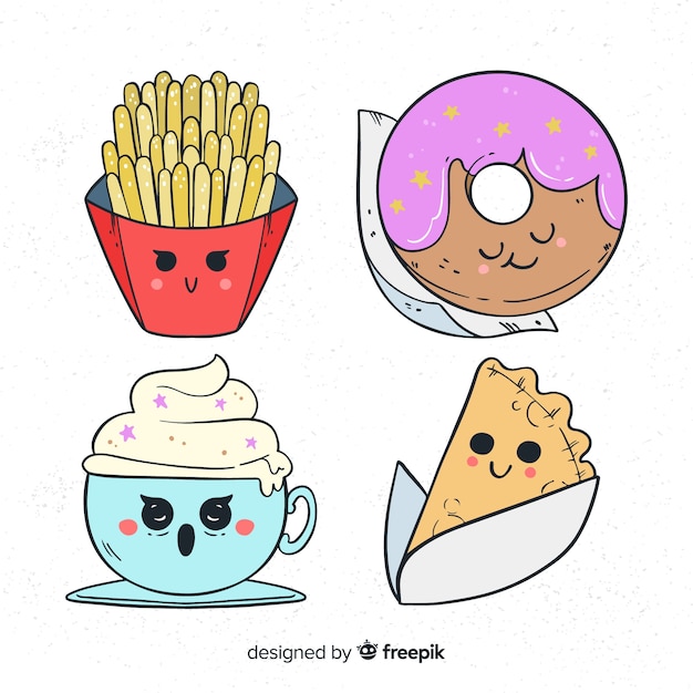 Vetor grátis mão desenhada coleção de comida kawaii