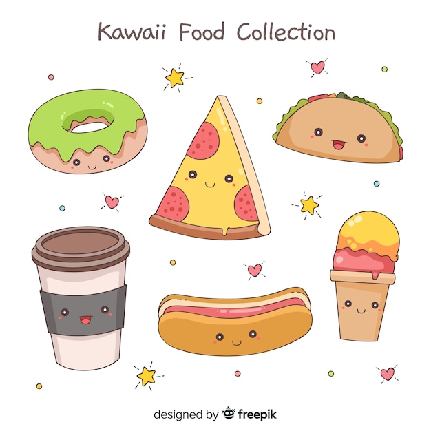 Vetor grátis mão desenhada coleção de comida kawaii