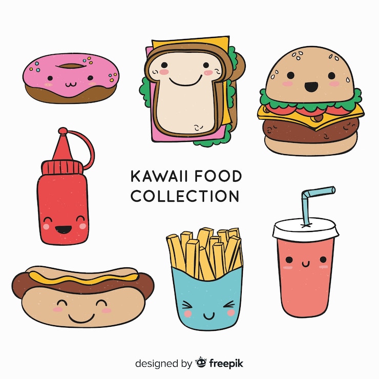 Vetor grátis mão desenhada coleção de comida kawaii