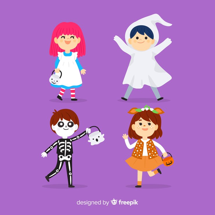 Vetor grátis mão desenhada coleção de criança de halloween em fundo violeta