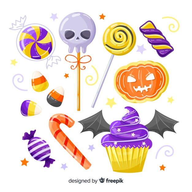 Mão desenhada coleção de doces de halloween em fundo branco