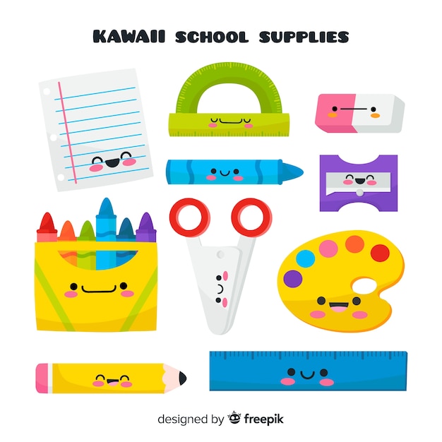 Vetor grátis mão desenhada coleção de material escolar kawaii