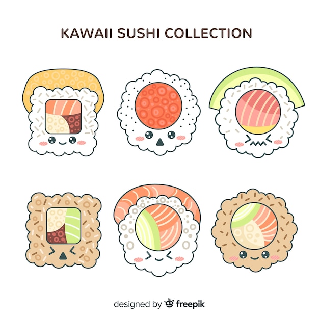 Vetor grátis mão desenhada coleção de sushi kawaii