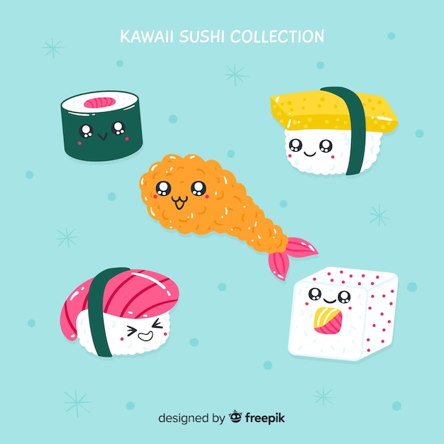 Vetor grátis mão desenhada coleção de sushi kawaii