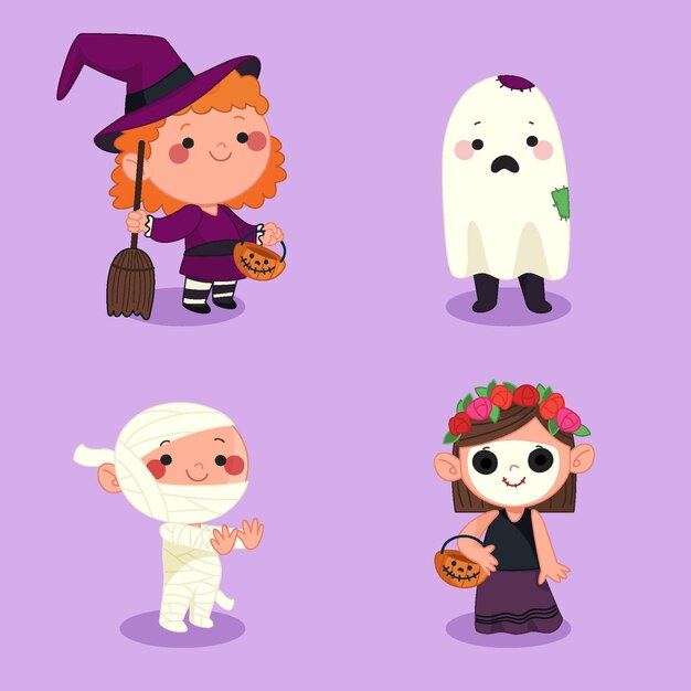 Mão desenhada coleção plana de halloween para crianças