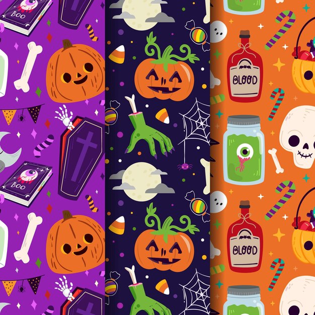 Mão desenhada coleção plana de padrões de halloween
