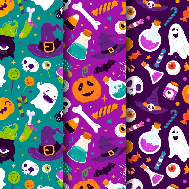 Mão desenhada coleção plana de padrões de halloween